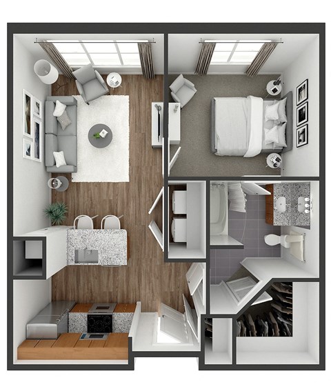 Floor plan for 1 bed, 1 bath, 633 sqft